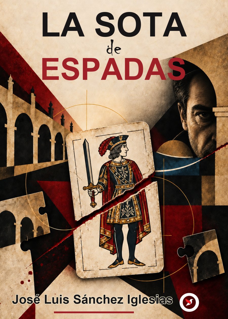 Cubierta de «La sota de espadas»: un naipe de la sota partido por un tajo rojo sobre la arquitectura de Salamanca